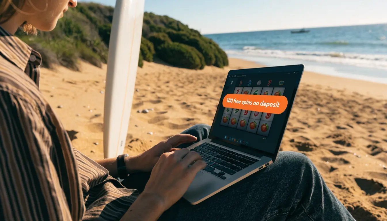 Young adult on Australian beach receiving 100 free casino spins on laptop