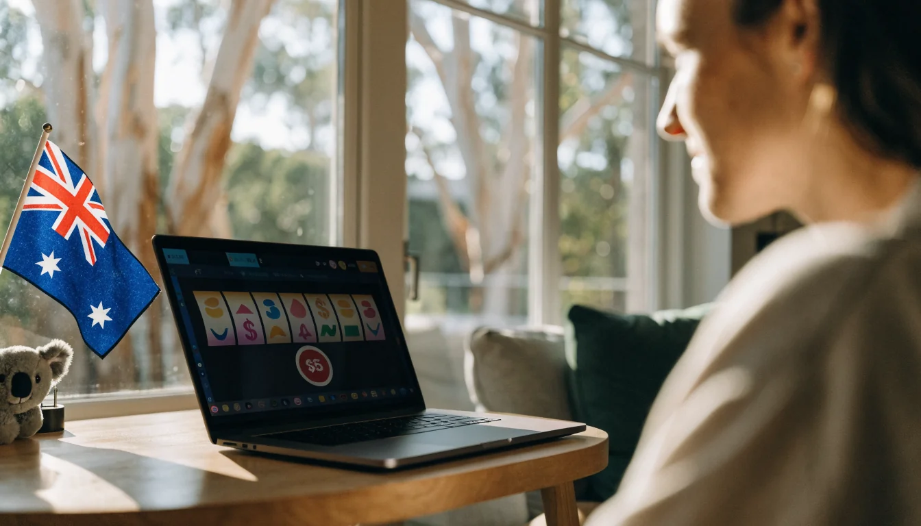 Australian home with laptop showing $5 pokies game