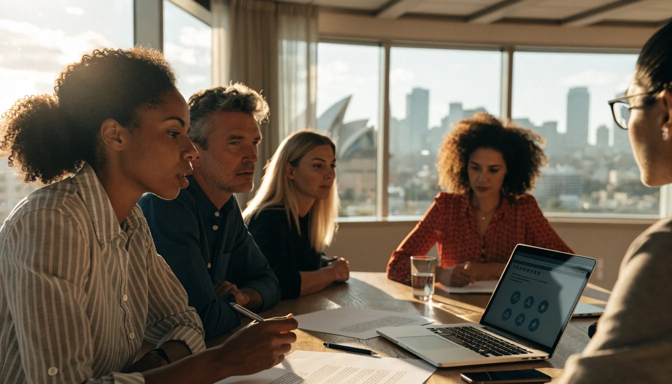 Australian editorial team reviewing ratings in a bright office