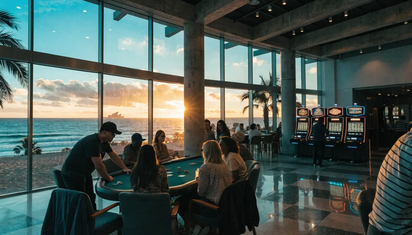 Australian beachside casino lounge at sunset with slot machines