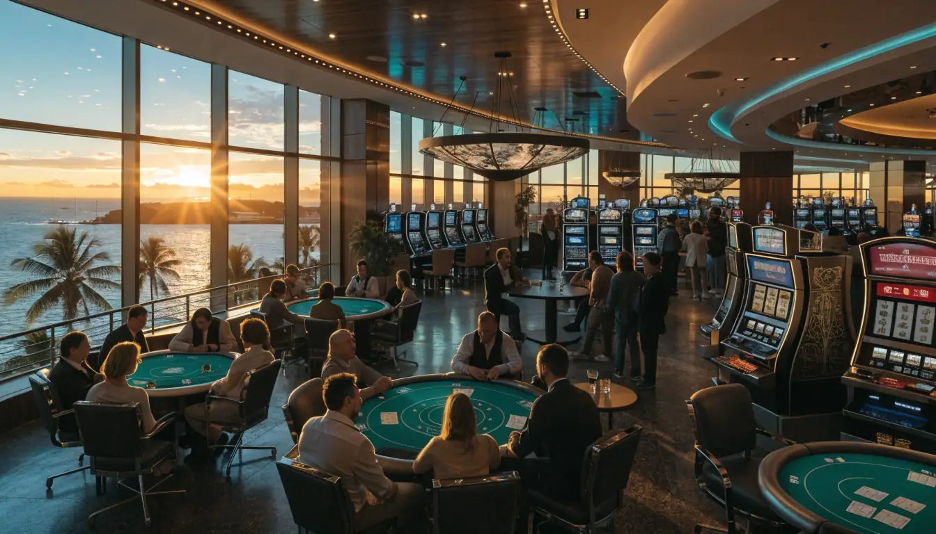Luxurious Darwin casino interior with tropical sunset view