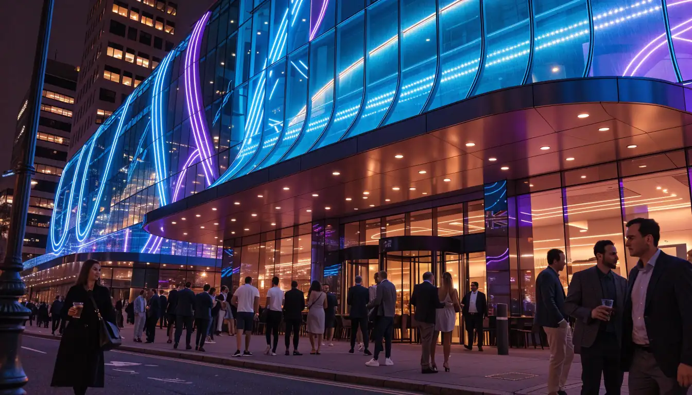 Melbourne casino exterior at night with neon lights
