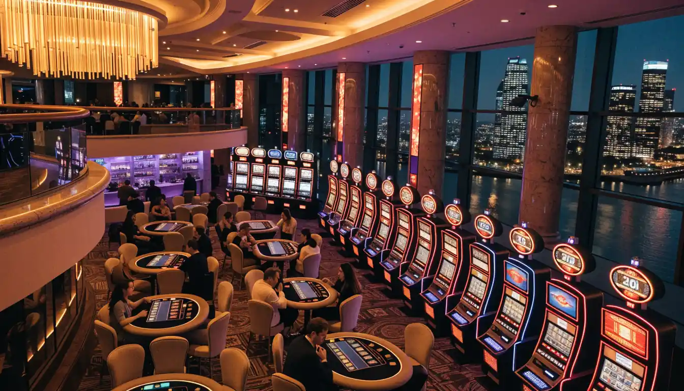 Luxurious Queensland casino interior with neon lights and skyline view