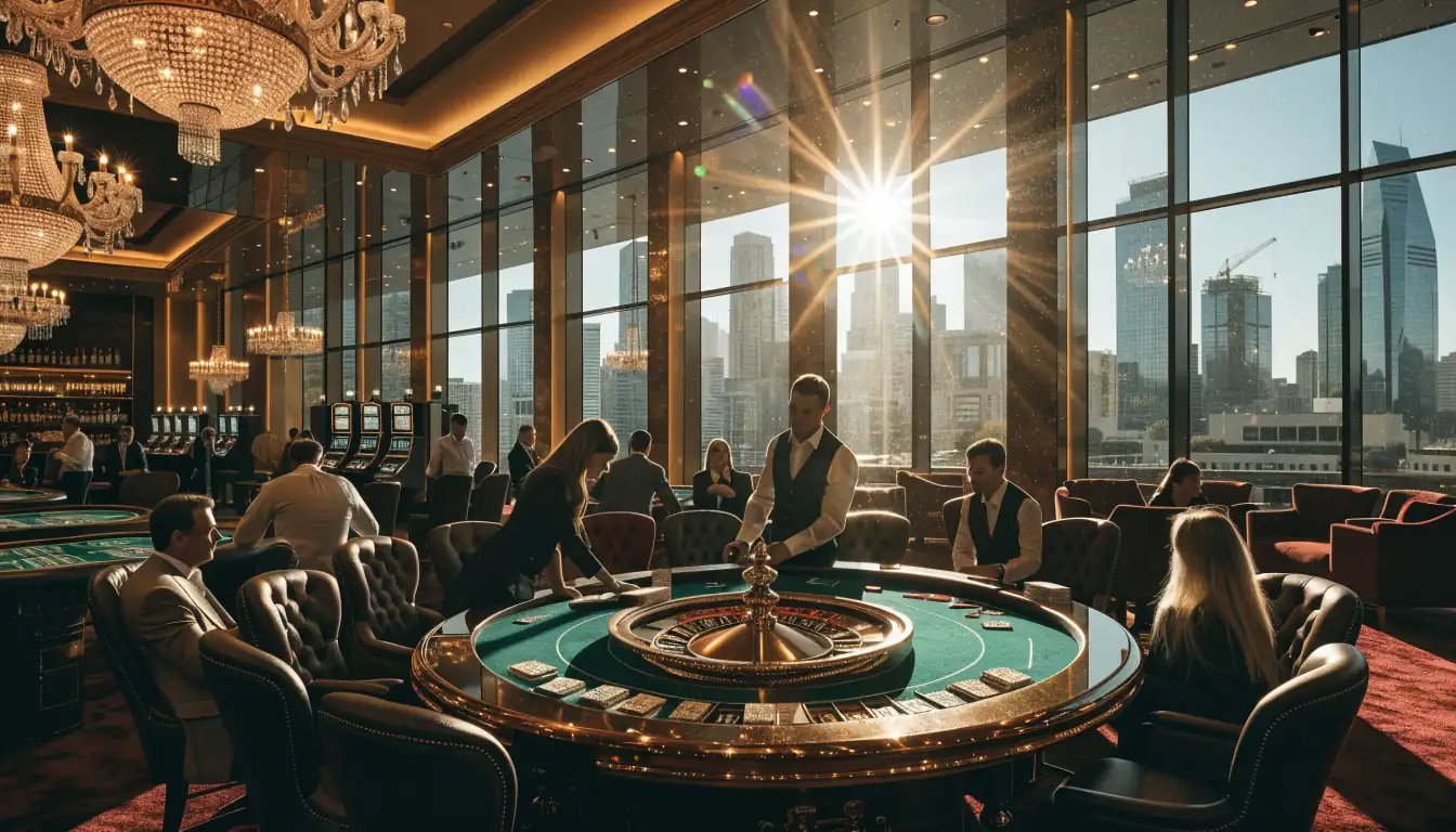 Luxurious Australian casino interior with sunlight and roulette table
