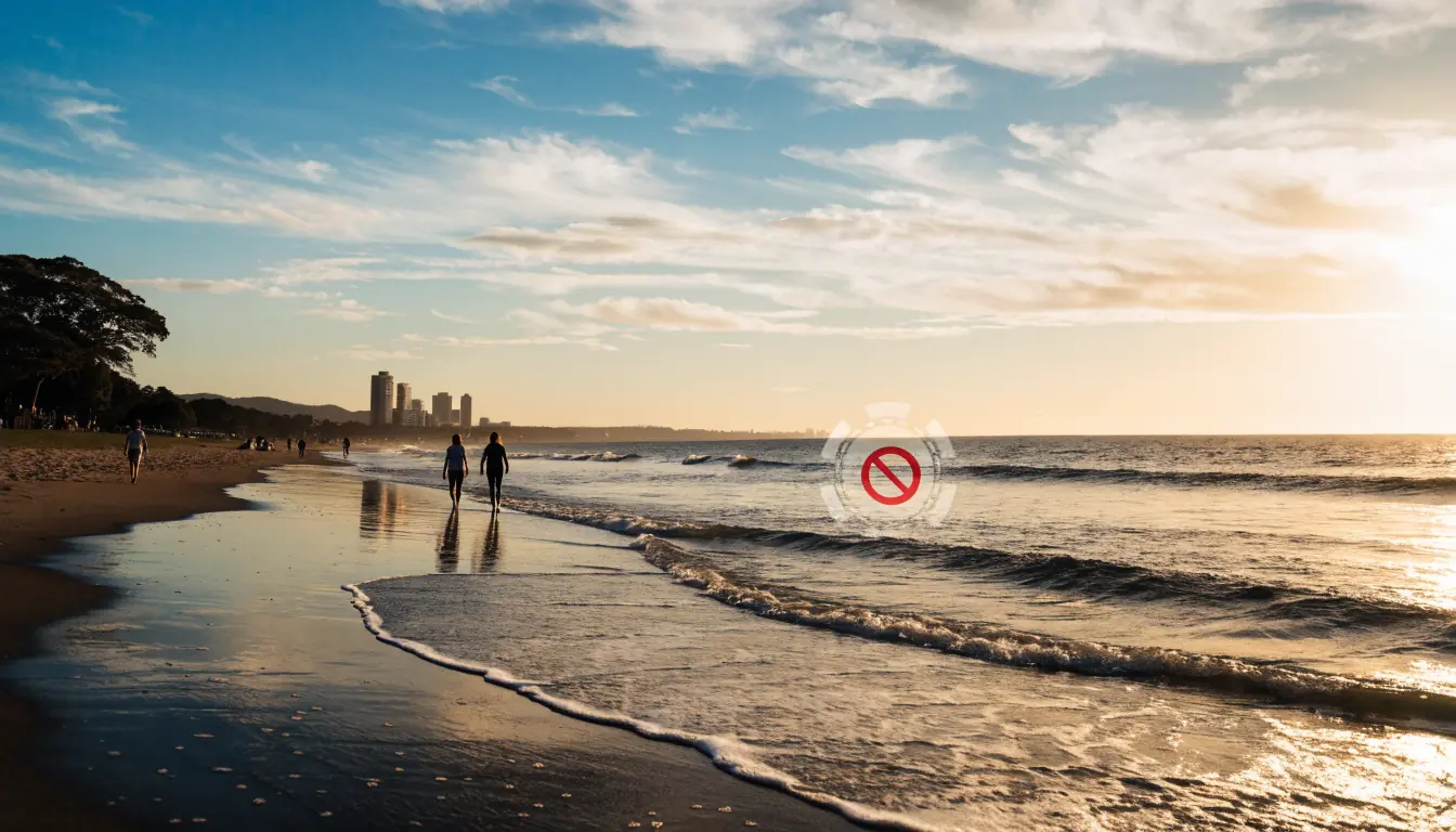 Australian beach sunset with casino chip and red no symbol