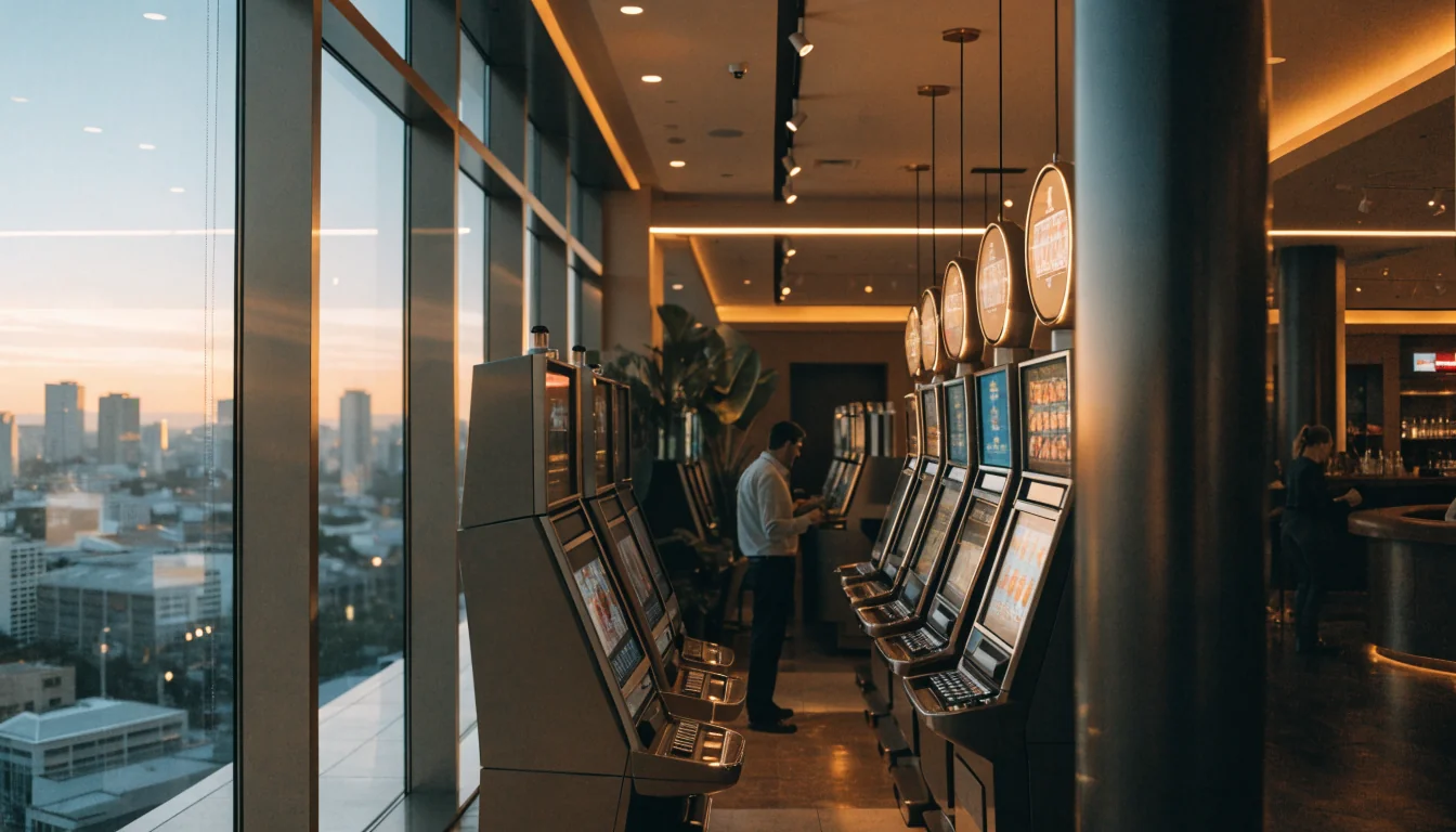 Australian casino interior with city skyline at dusk