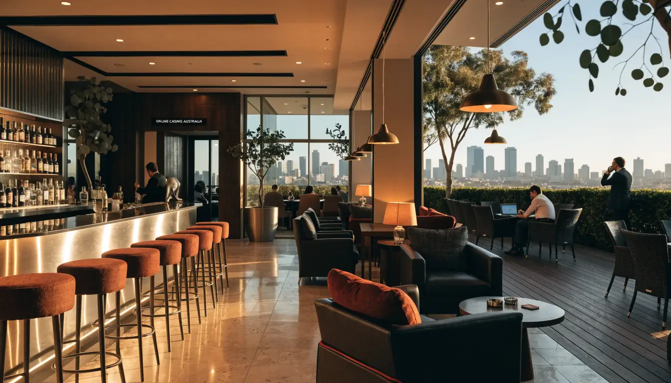 Australian casino lounge with outdoor terrace and city skyline