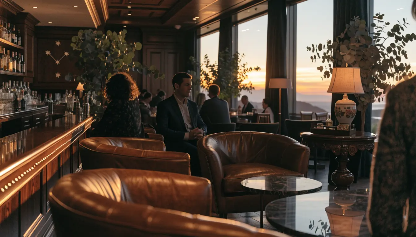 Elegant Australian casino VIP lounge at sunset