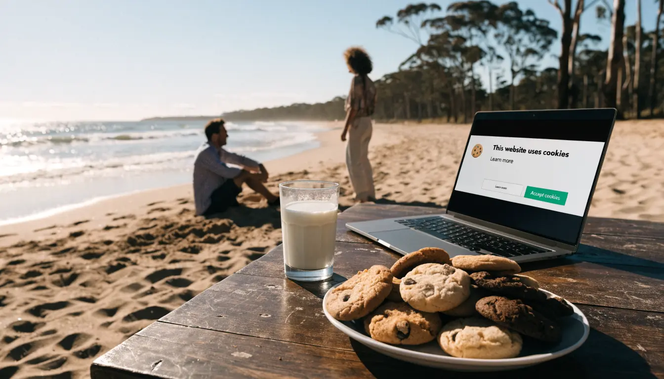 Australian beach table with cookies, milk, laptop.