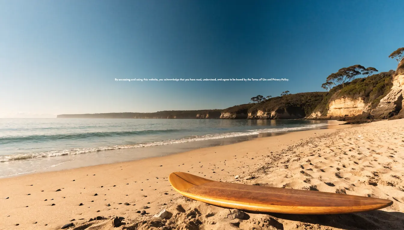 Australian beach scene with surfboard and faint legal disclaimer overlay