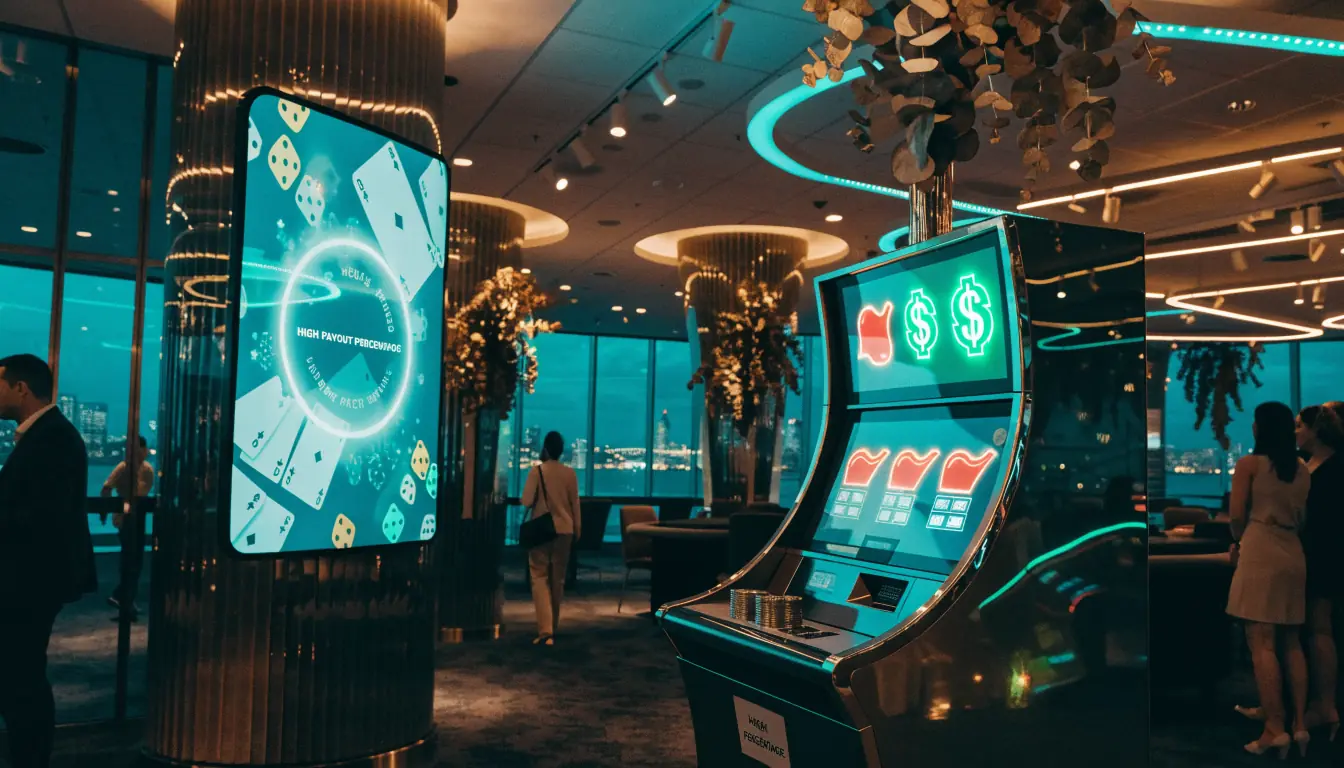 Australian casino interior with neon lights and slot machine