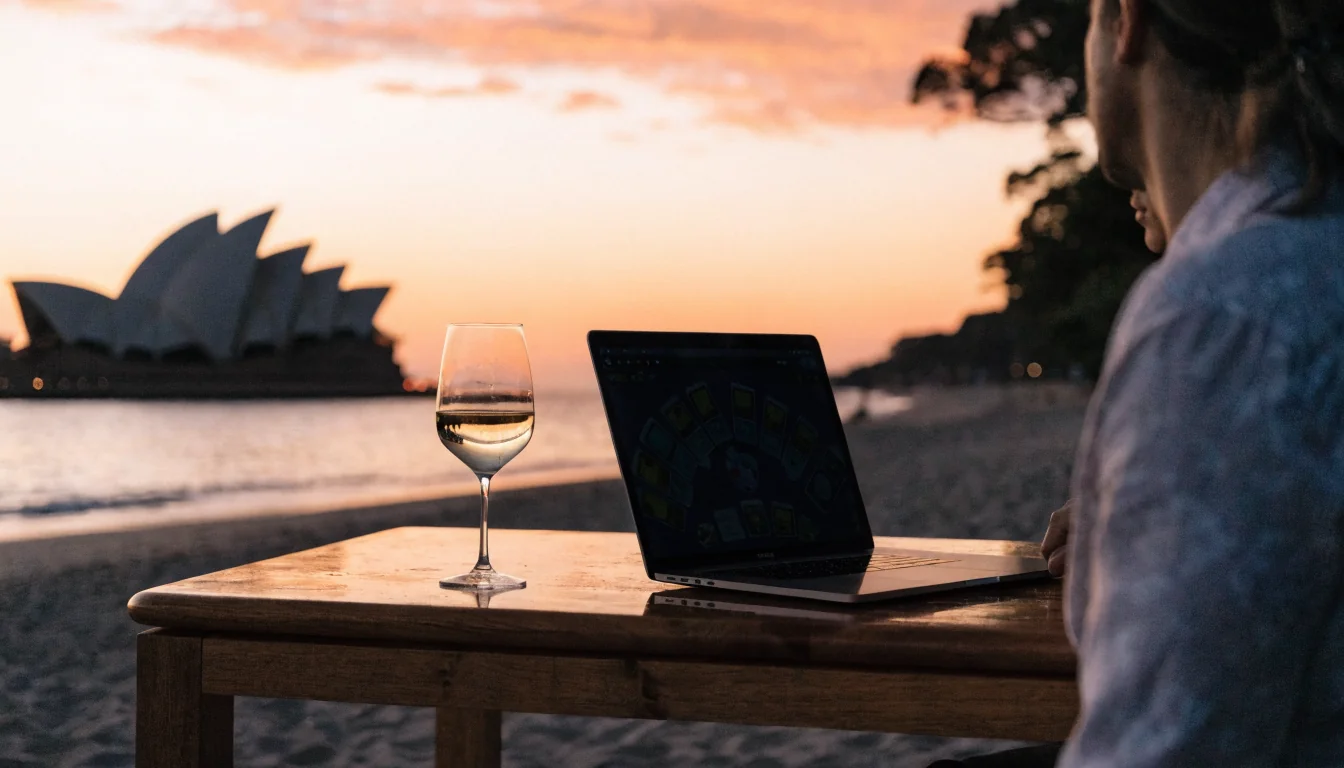 Beach sunset scene with laptop displaying casino game