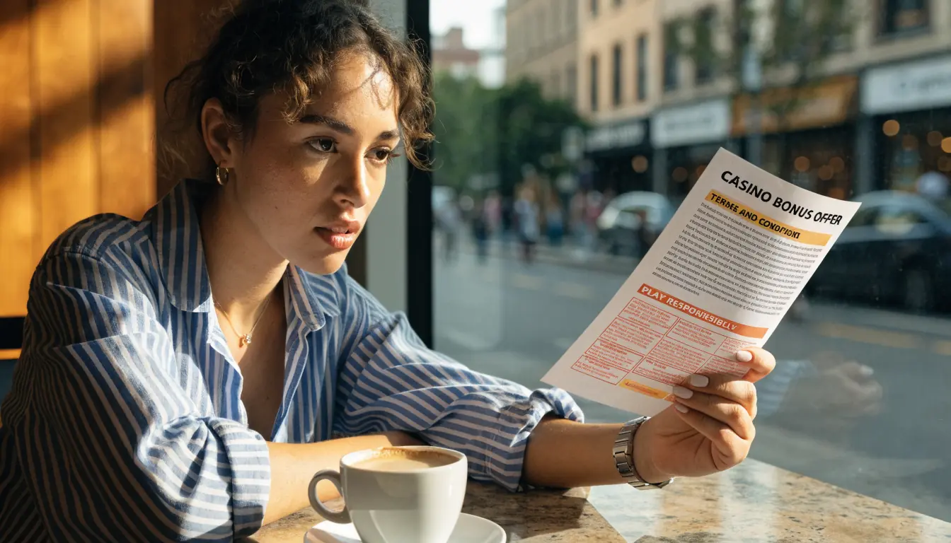 Woman reviewing printed casino bonus offer in café