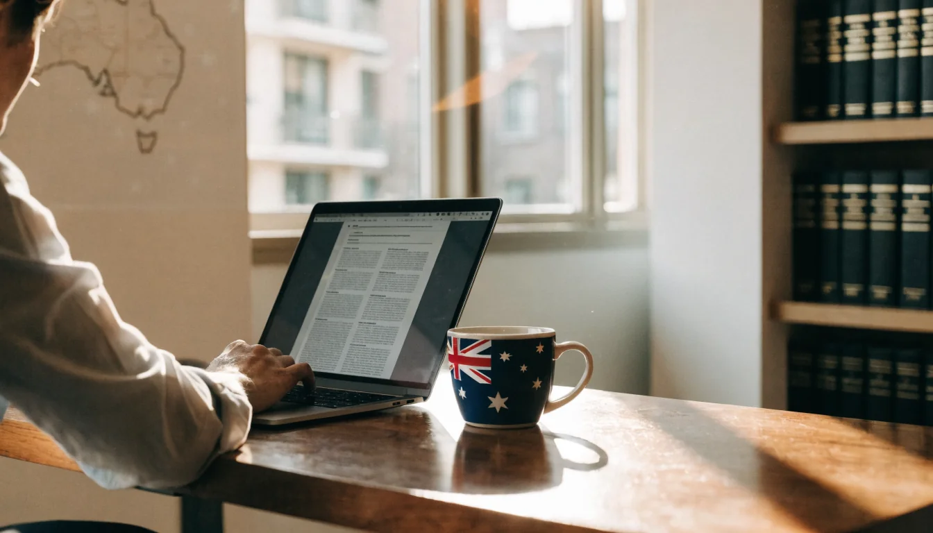 Australian office desk with laptop and legal documents