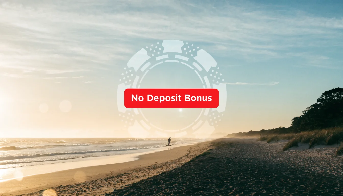 Australian sunrise beach with casino chip and no‑deposit sign
