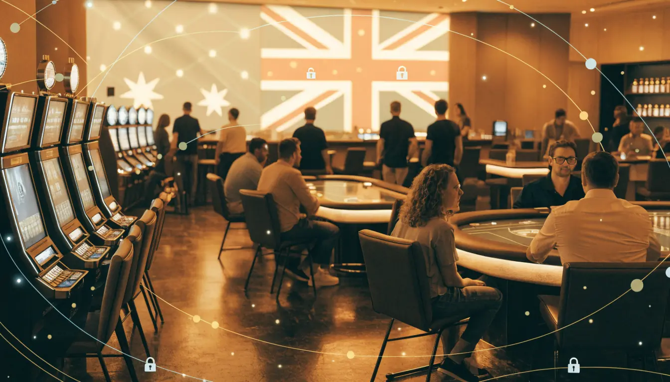 Australian casino interior with glowing data streams and padlock symbols