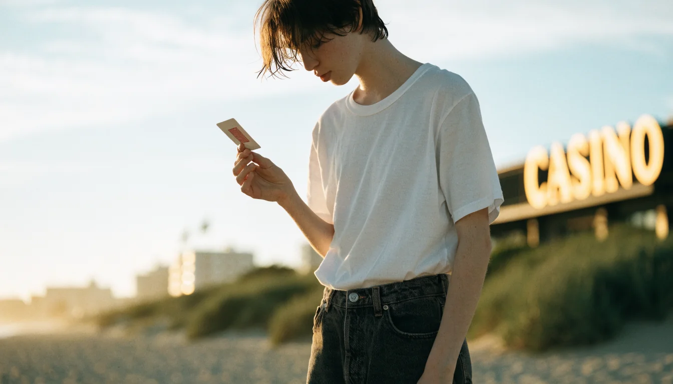 Young adult on Australian beach holding a playing card at sunrise