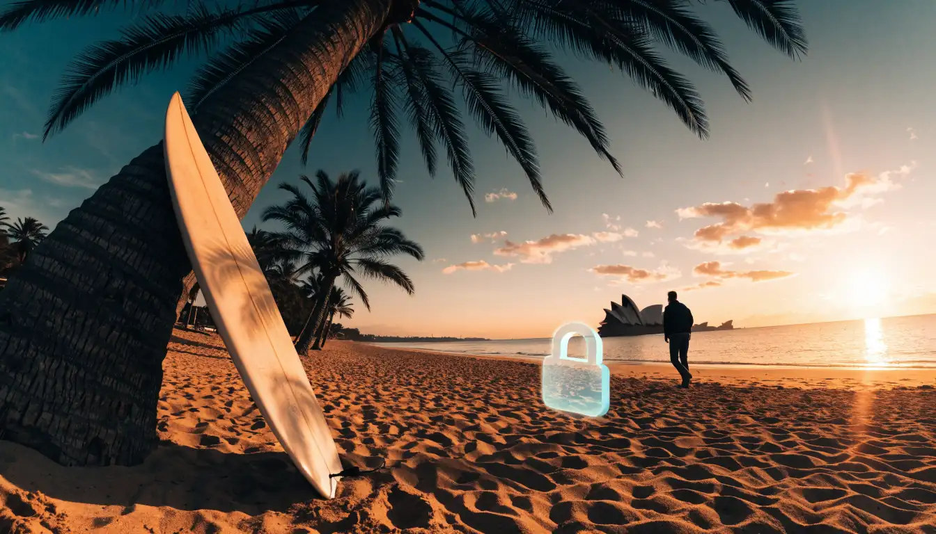 Sunset Australian beach with floating lock symbol