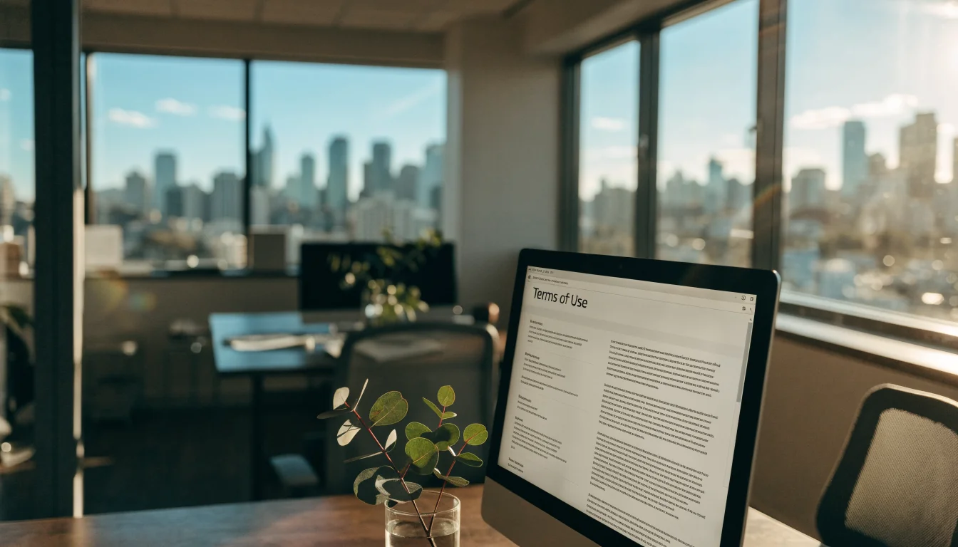 Australian office desk with computer showing terms page